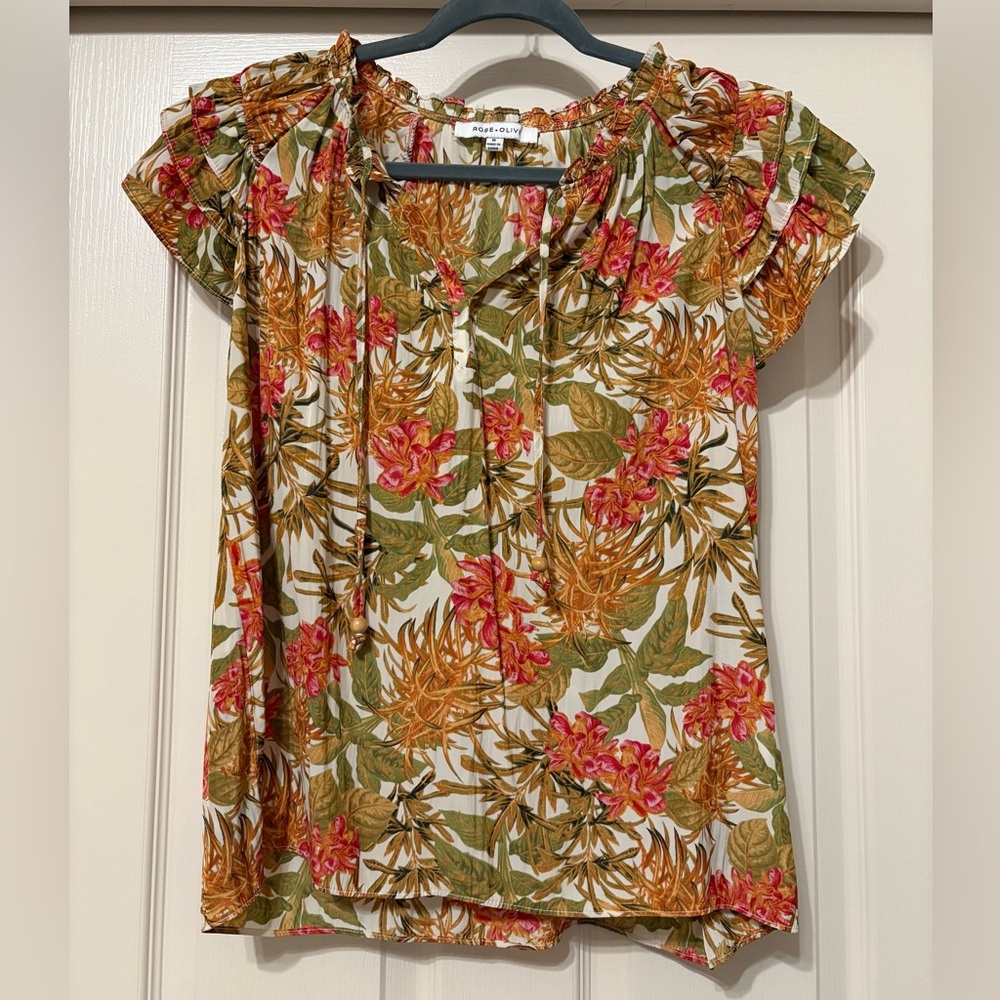 Rose & Olive Floral Blouse with Pink and Orange Accents